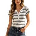 thumbnail image 2 of Women Tshirts Striped Print Short Sleeve Notch V Neck Half Button Top Tees for Women White XL, 2 of 4