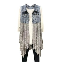 jsaierl Women Fashion Denim Vest Splicing Lace Hem Jacket Sleeveless Outerwear Vest Coat