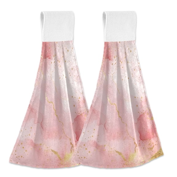 Dailycode Kitchen Wash Cloths with Hanging Loops Absorbent Absorbent Quick Drying Hand Towels, 2 Pack, Abstract Pink Gold Watercolor