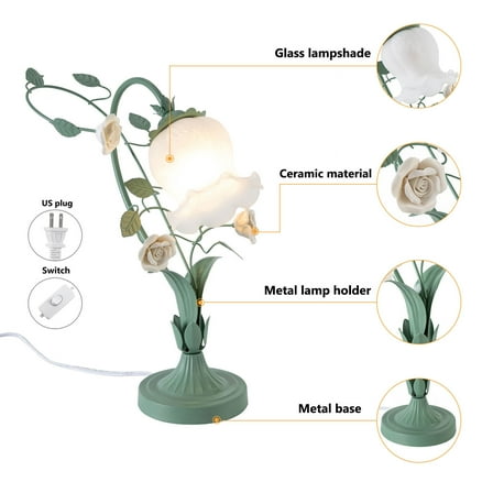 Miumaeov Elegant Glass Table Lamp Desk Light Roses Flower Glass Lampshade Bedside Light Green & White 60W 110V