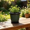 thumbnail image 5 of Thickened Plastic Flower Pot Outdoor, Black Embossed Faux Rattan Style Planter with Drip Tray for Garden Patio Balcony, Housewarming Gift for Plant Lover, 5 of 6