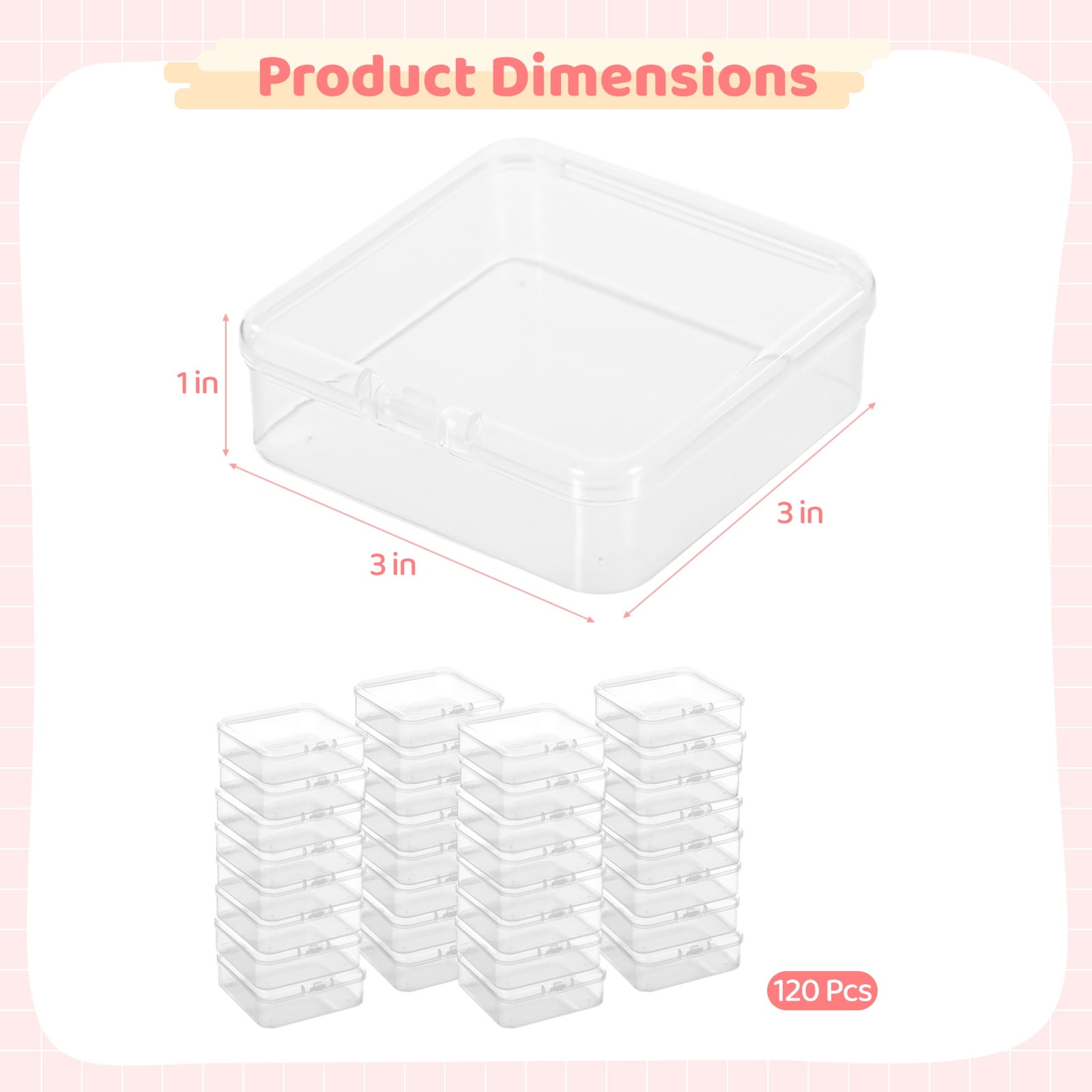 120 Pcs Plastic Bead Storage Containers, 3×3×1" Small Storage Boxes, Clear Square Containers with Hinged Lids, Mini Organizer Cases for Jewelry, Crafts, Small Items, Parts