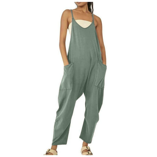 TrendOFT Jumpsuits For Women Casual Summer Loose Fit Baggy Pockets Sleeveless Womens Rompers One Piece Overalls Green M