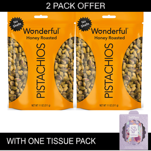 2x | Wonderful Pistachios No Shells Honey Roasted Nuts, 11 Ounce Bag with Tissue Pack