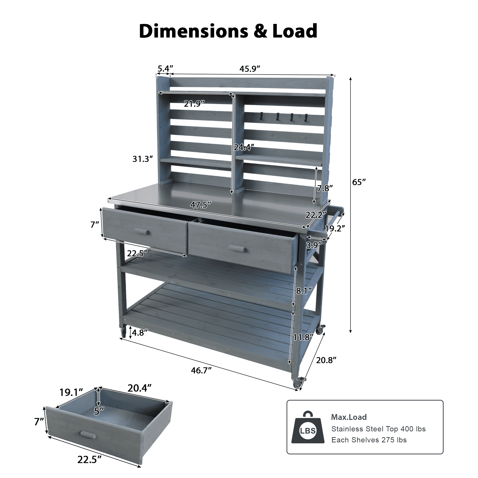 Outdoor Potting Bench Table 64.9 Inch H, Solid Wood Kitchen Station with Lockable Wheels for Grilling, Grey Blue