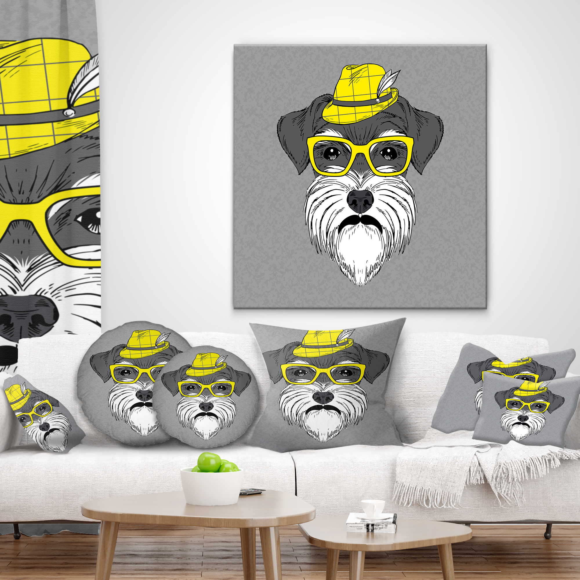 Designart Schnauzer with Hat and Glasses - Contemporary Animal Throw Pillow - 18x18