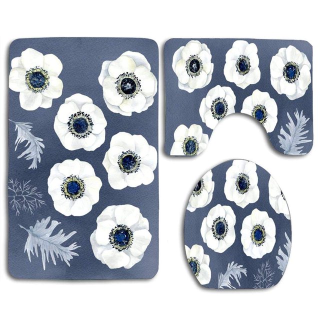 ABPHQTO Anémona Acuarela Flores Blancas Hibisco Juego de alfombras de baño de 3 piezas Alfombra de baño Alfombra de contorno y tapa de inodoro ABPHQTO Cont-CHAPPLE-11414
