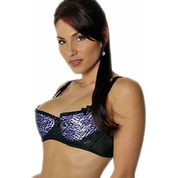 Soutien-gorge Rehausseur à Étagère Ouverte en Satin Lavande Dentelle Noire Rose