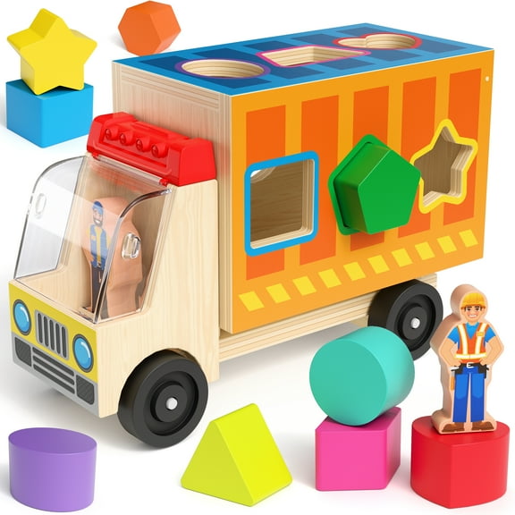 Coogam Montessori Sorting Toys for Toddles, Wooden Color Shape Sorter Truck Toy with 2 Play Figures - Fine Motor Educational Learning Toy for 2 3 4 Year Old