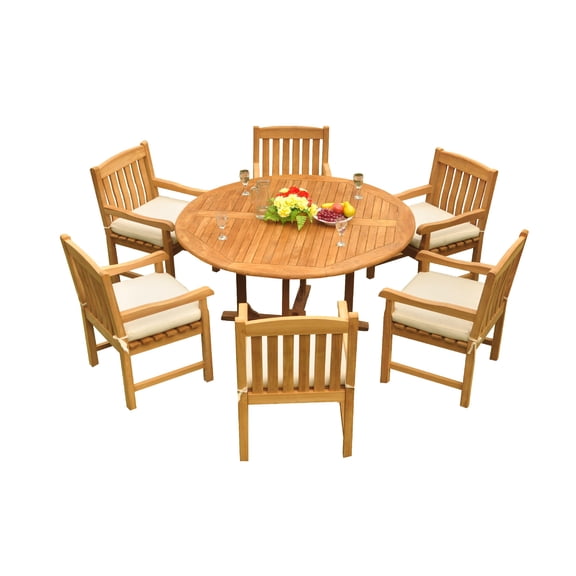 Grade-A Teak Dining Set: 6 Seater 7 Pc: 60" Round Table And 6 Devon Arm Chairs Outdoor Patio WholesaleTeak #51DV1207