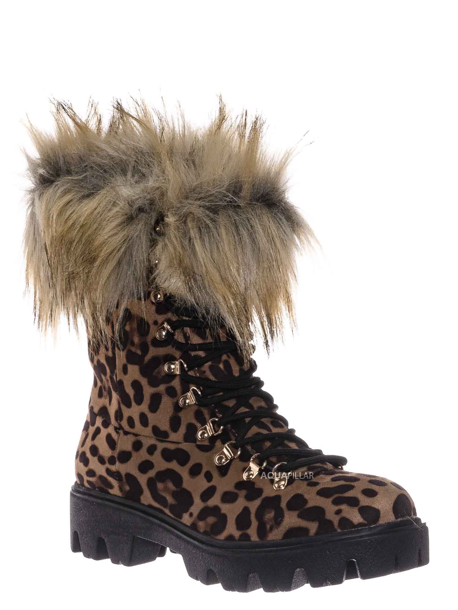 Faux Fur Combat Boots - Fluffy Military Vegan Furry Shoes - Walmart.com