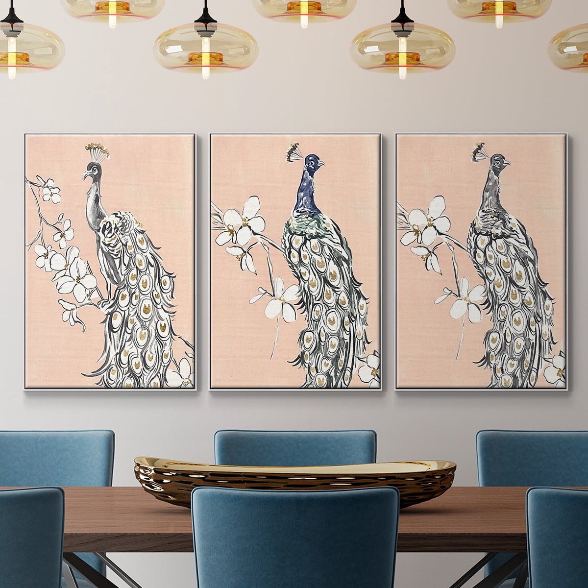Peacock in Gold I - Framed Premium Gallery Wrapped Canvas L Frame 3 Piece Set - Ready to Hang