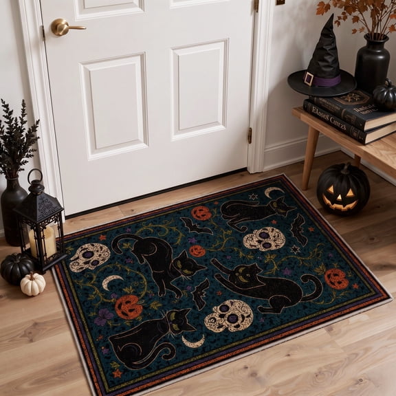 KUETH 2'x3' Halloween Machine Washable Gothic Rug, Non-Slip Indoor Outdoor Doormat for Entryway and Porch, Black
