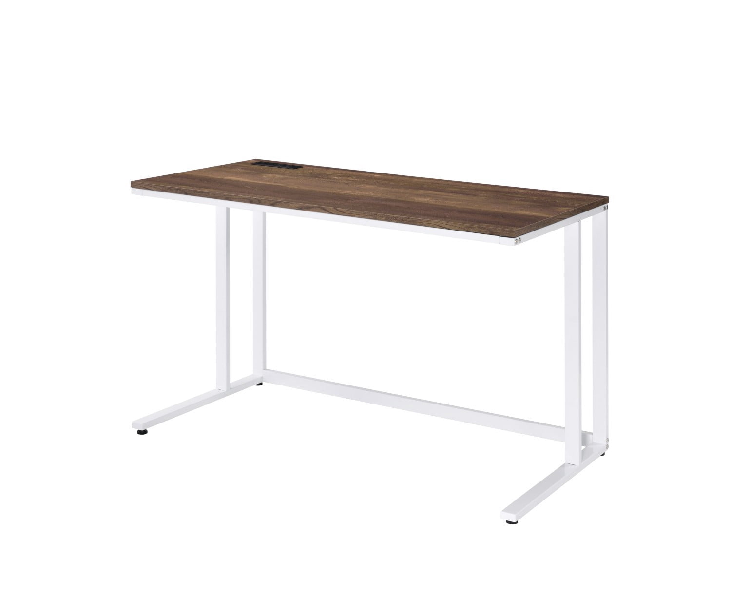 Modern Writing Desk with USB Charging Port, Walnut & White Minimalist Computer Desk, Rectangular Home Office Desk with Open Metal Base, Compact Study Table for Bedroom & Office