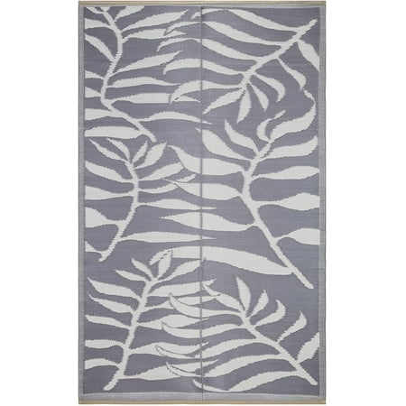 Lightweight Indoor Outdoor Reversible Plastic Area Rug - 4x6 Feet - Leaf Pattern - Grey/White