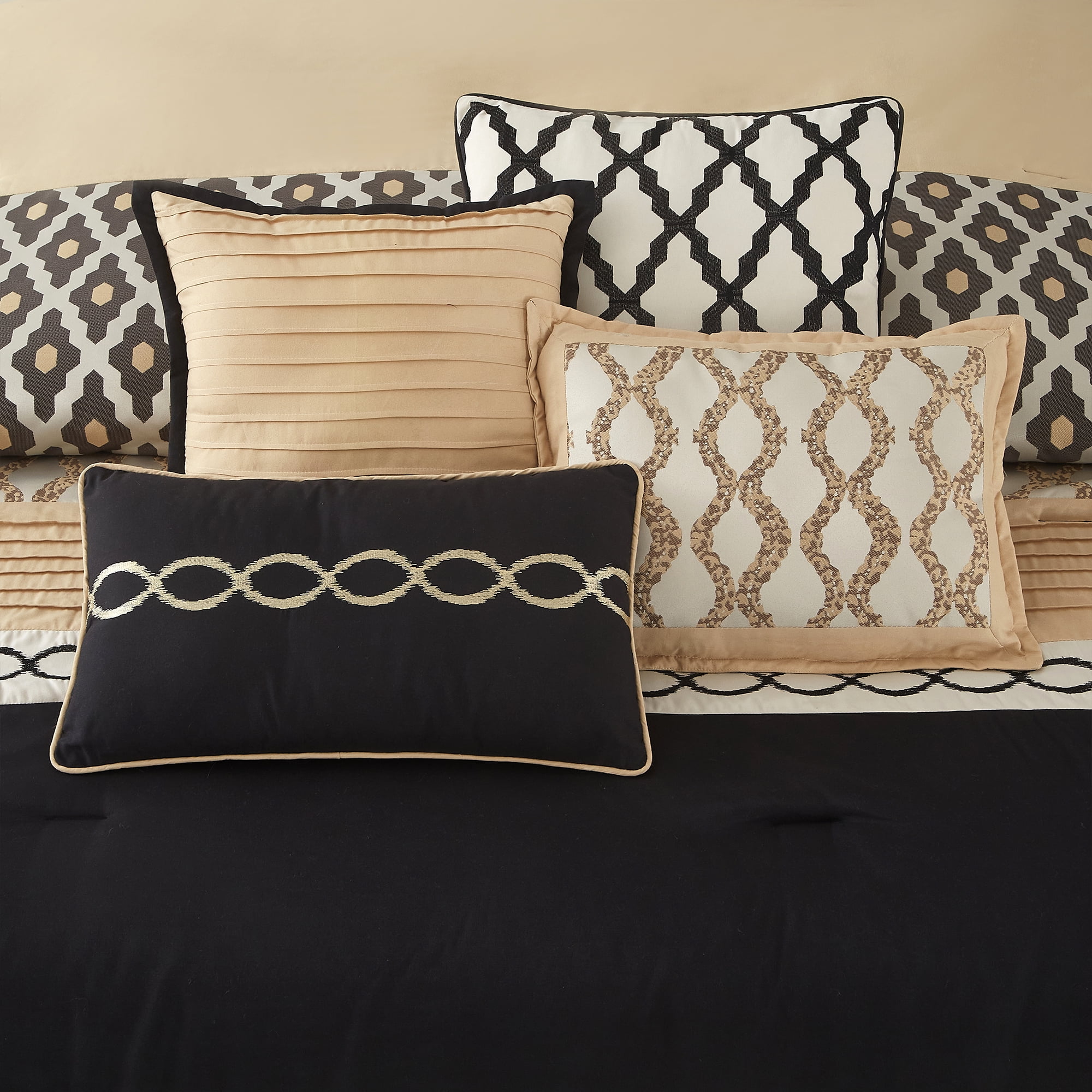 Lanco Geometirc Queen Black Gold Comforter Set, 10 Piece, Jacquard Bedding Comforters & Sets, Bedskirt, Pillows & Shams, Ultra-Soft