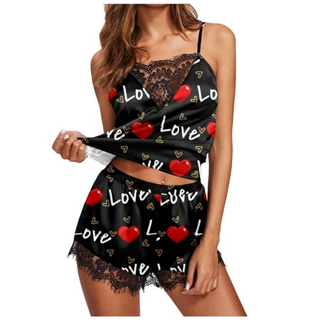 

Pgeraug pajamas for women Summer New Valentine s Day Printing Suspender Pajamas Suit women s sleepwear Red M