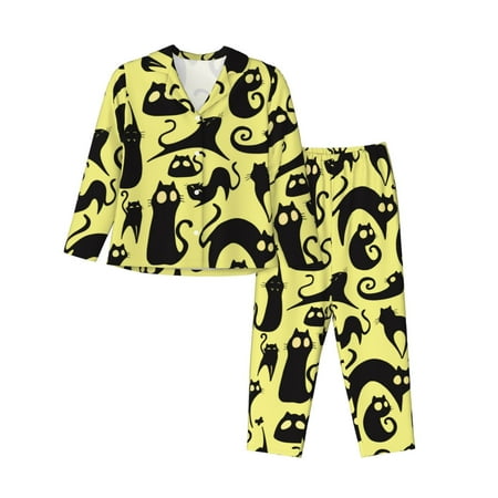 2 Piece Womens Pajama Sets - Abstract Cute Cat Black Soft Sleepwear Comfy Pajamas Ladies Pj Lounge Sets with Pockets  Long Sleeve Button Shirt and Pajama Pants Pjs Sets for Women
