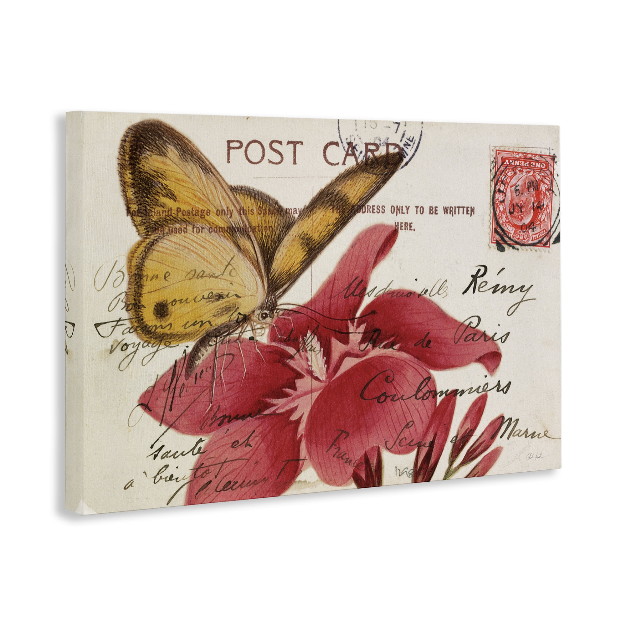 Stupell Industries Antique Postcard & Butterfly Insects Painting Wrapped Canvas Art Print Wall Art, 30 x 20