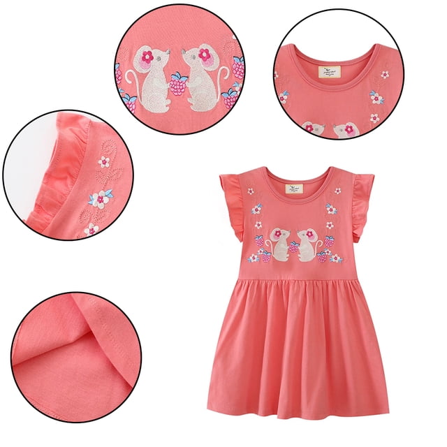AJZIOJIRO Robe Décontractée pour Filles Tout-Petits Été Couleur Unie Robe Imprimée Adorable pour Enfants Confort Robe Ample en Coton