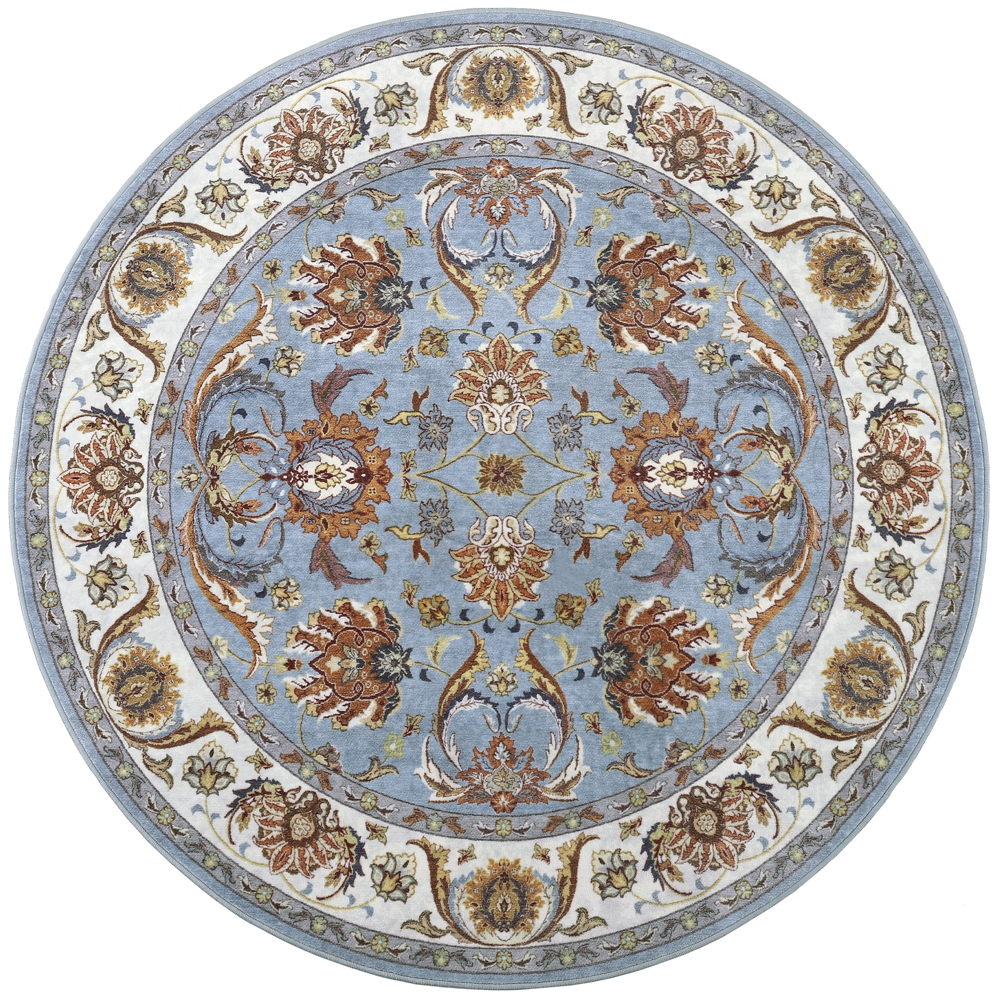 Cydiria Blue Round Persian Medallion Area Rug Floral Pattern Print Low-Pile Carpet for Living Room, 6' x 6'