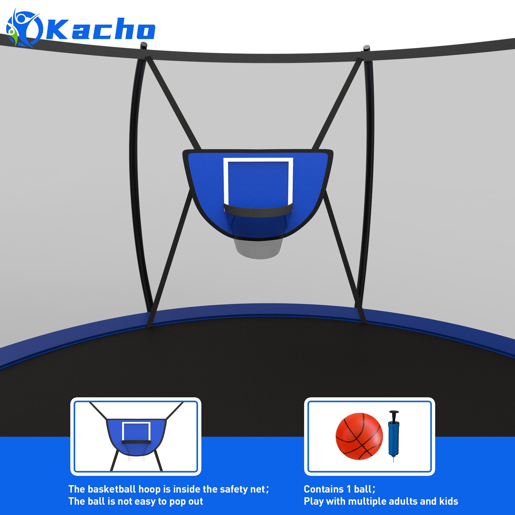 Kacho Trampoline, Trampoline with Enclosure Net 12FT 1200LBS Trampoline for 2-3 Kids and 1-2 Adults, Trampoline with Basketball Hoop, Ladder, Ball, Light, Sprinkler, Heavy Duty Trampoline, Blue