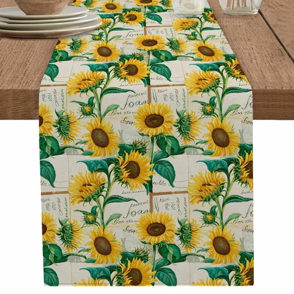 Watercolor Sunflower on Vintage Letter Table Runner-70 Inch Long Summer Floral Table Runners Linen Burlap Tablerunner for Kitchen Dining Room Holiday Party