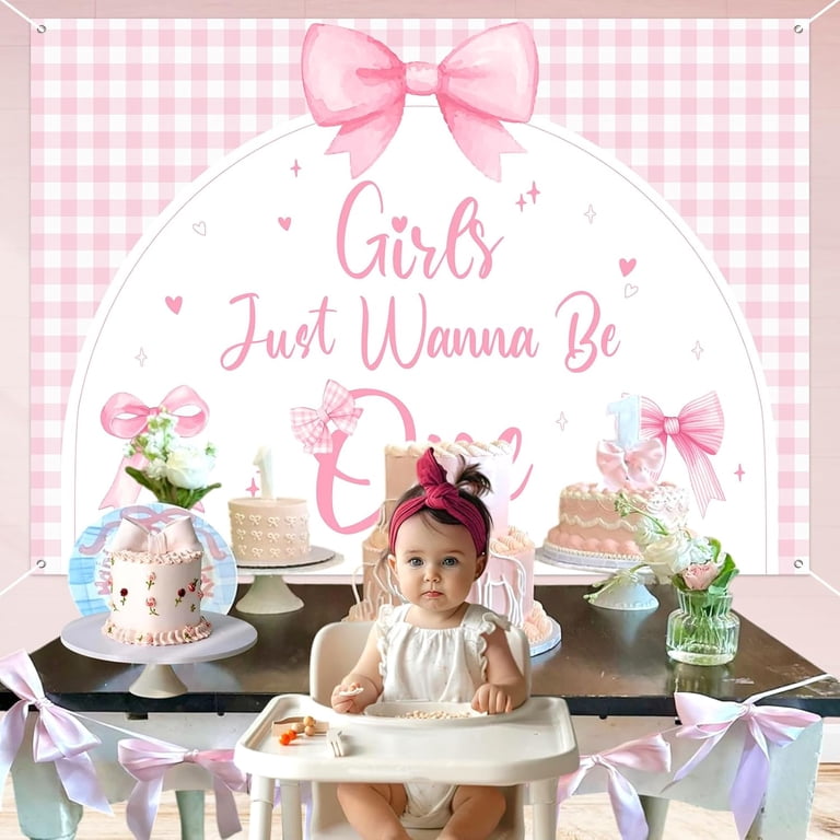 Pink Bow Happy Birthday Banner - Girls Birthday Decor, Photo Prop For 1st Birthday & Parties