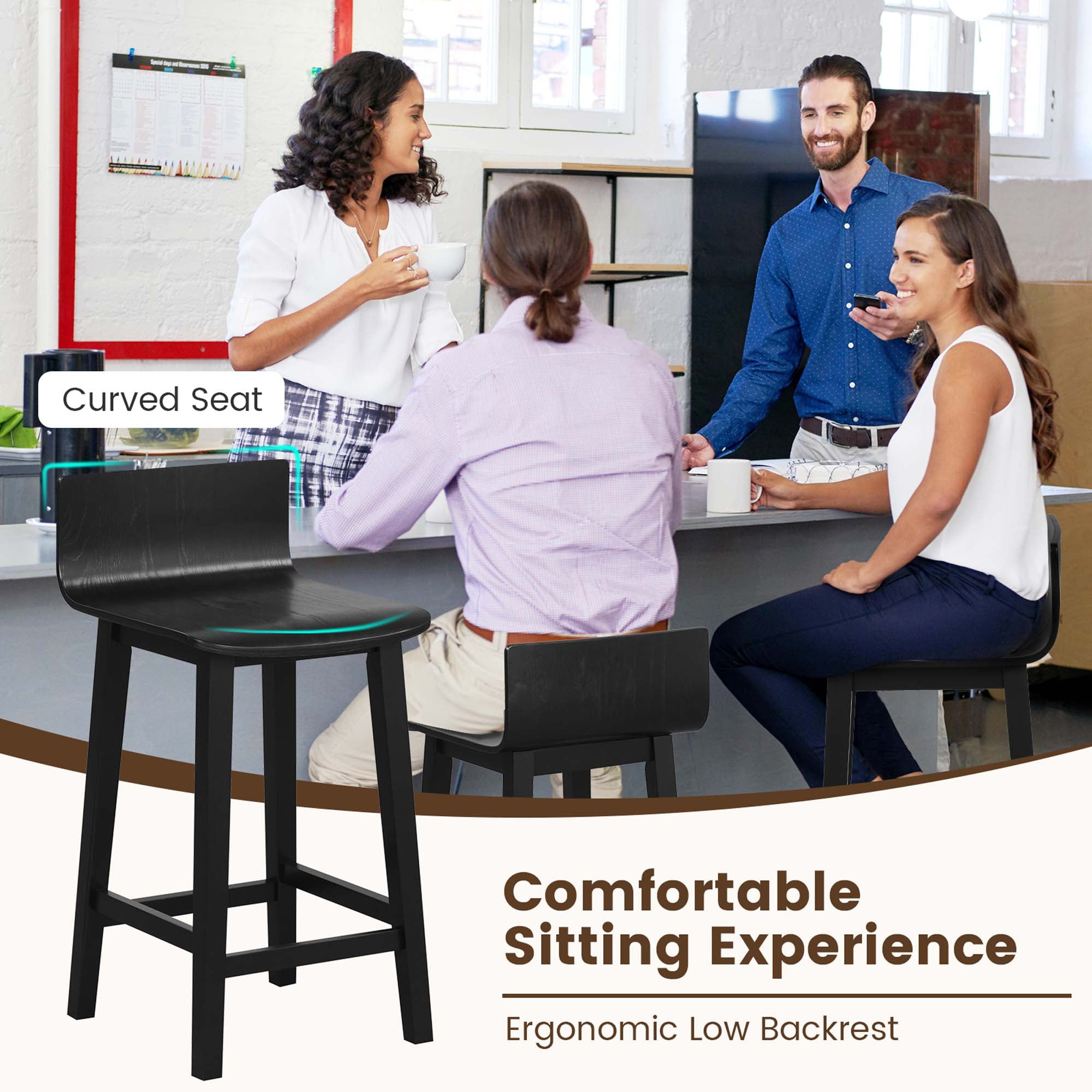 Costway 24.5" Wood Bar Stools Set of 2 with Solid Back & Seat Mid Century Bar Chairs Black