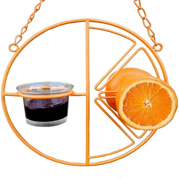 LOVEVER Oriole Bird Feeder Hanging Bird Feeder Metal Hanging Oriole Bird Feeder with Fruit Holder Removable Drinking Container for Outdoor Garden Patio Outside Orange