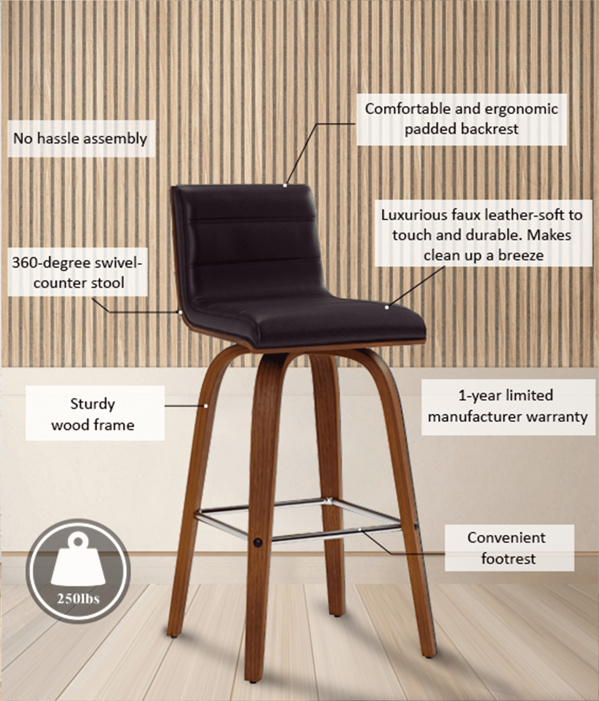 Vienna 26" Swivel Counter Stool in Walnut Wood Finish with Brown Faux Leather - Set of 3