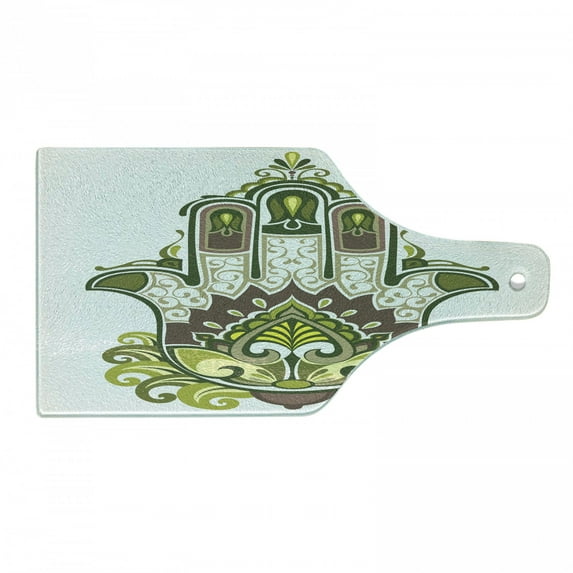 Hamsa Cutting Board, Natural Elements Inspired Hamsa Hand with Branch and Leaf Nature Harmony, Decorative Tempered Glass Cutting and Serving Board, Wine Bottle Shape, Green White Brown, by Ambesonne