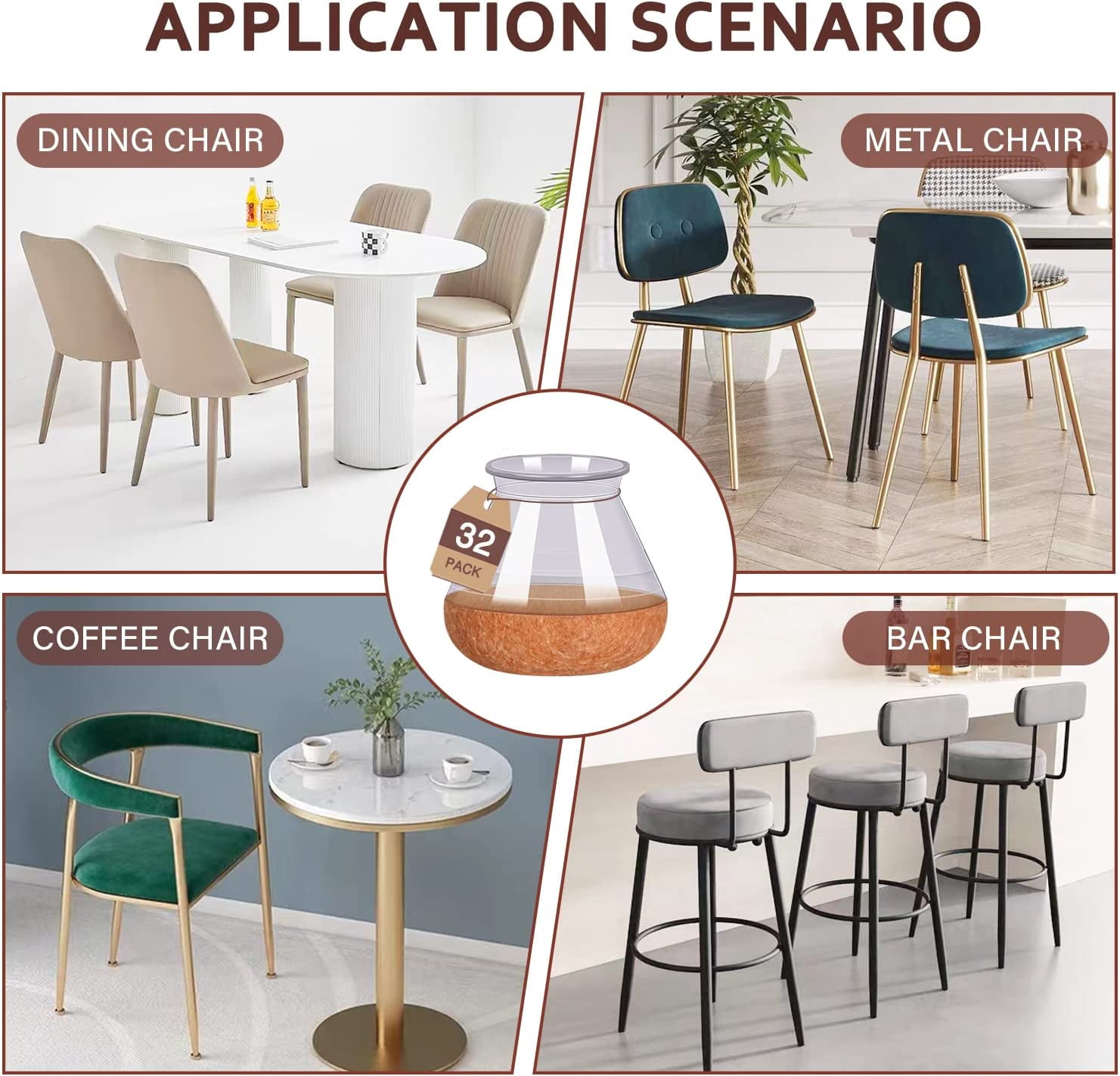 Kocwell Chair Leg Floor Protectors for Hardwood Floors with Felt Pads Covers to Protect Wood Furniture Leg Feet Cup Silicone Caps 32pcs Furniture Pads No Noise (Clear 0.76"-1.18")