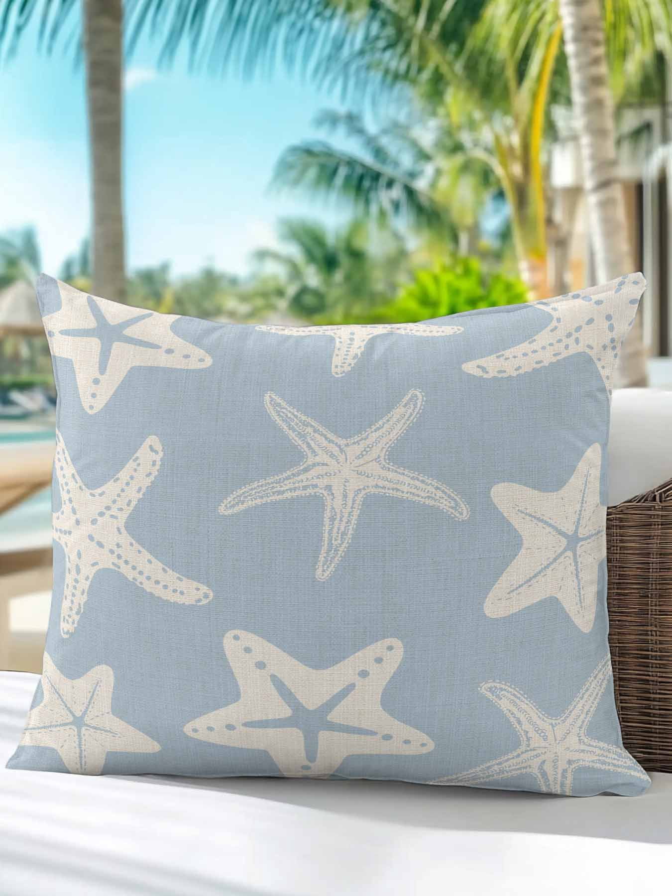 Outdoor Pillows Waterproof, Blue Starfish Coastal Bedding Throw Pillows with Insert for Couch Sofa Bed, Nautical Summer Ocean Abstract Art 18x18 Inch Pillowcases Decorative Patio Pillow Set of 1