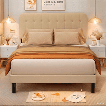 Lofka Queen Bed Frame with Upholstered Headboard - Beige Fabric, Modern Bedroom Furniture