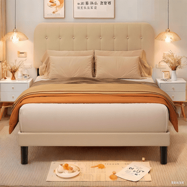 Lofka Queen Bed Frame with Upholstered Headboard - Beige Fabric, Modern Bedroom Furniture