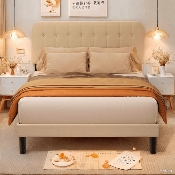 Lofka Queen Bed Frame with Upholstered Headboard - Beige Fabric, Modern Bedroom Furniture