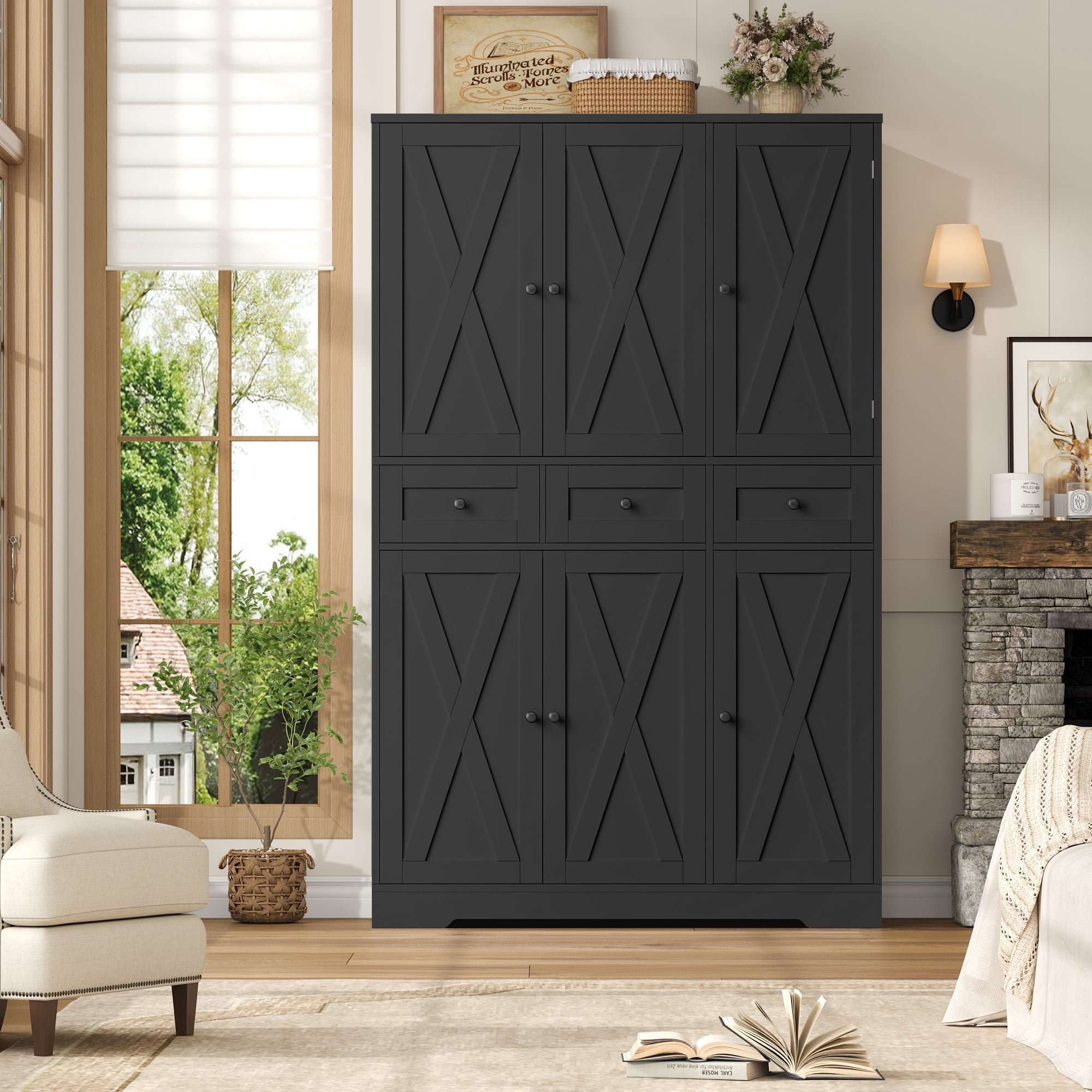 Hiphuta 67" Tall Farmhouse Kitchen Pantry Storage Cabinet with Door Shelves, 43" Wide Large Cupboard Hutch with 3 Drawers, Black