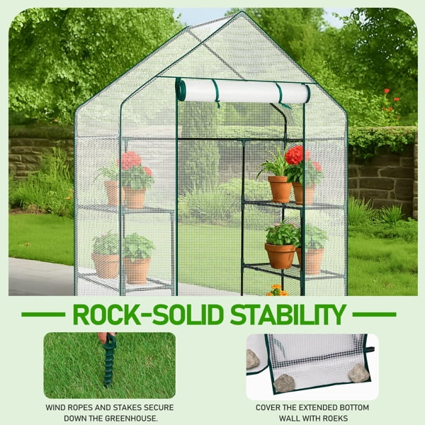 Mini Walk-in Greenhouse with PE Cover, 4-Shelf Indoor Outdoor Plant Gardening Green House for Garden Backyard, 56" x 29" x 77", White