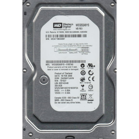 WD3202ABYS-01B7A0, DCM DARNHTJAHN, Western Digital 320GB SATA 3.5 Hard Drive