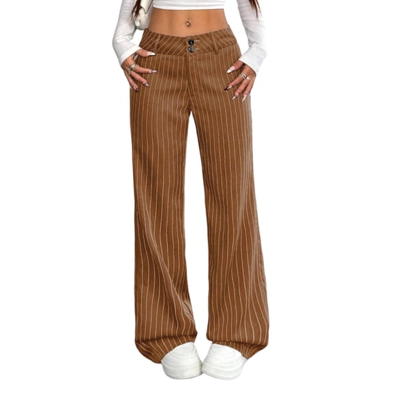 ZToonmas Solid Pinstripe Wide Leg Suit Pants for Women High Waist Button Zipper Straight Full Length Office Casual Pants with Pockets