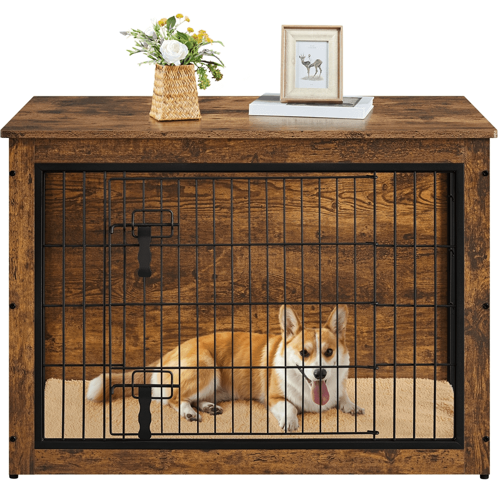 Yaheetech 37.8" W Industrial Dog Crate Furniture with Anti Skid Plush Mat, Rustic Brown