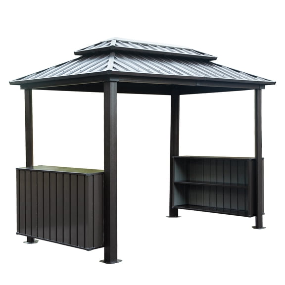 6x10FT Hardtop Grill Gazebo, Outdoor BBQ Gazebo with Double Galvanized Steel Roof, Patio Grill Canopy with 2 Storage Cabinets and Ceiling Hooks for Backyard, Lawn, Garden, Gray