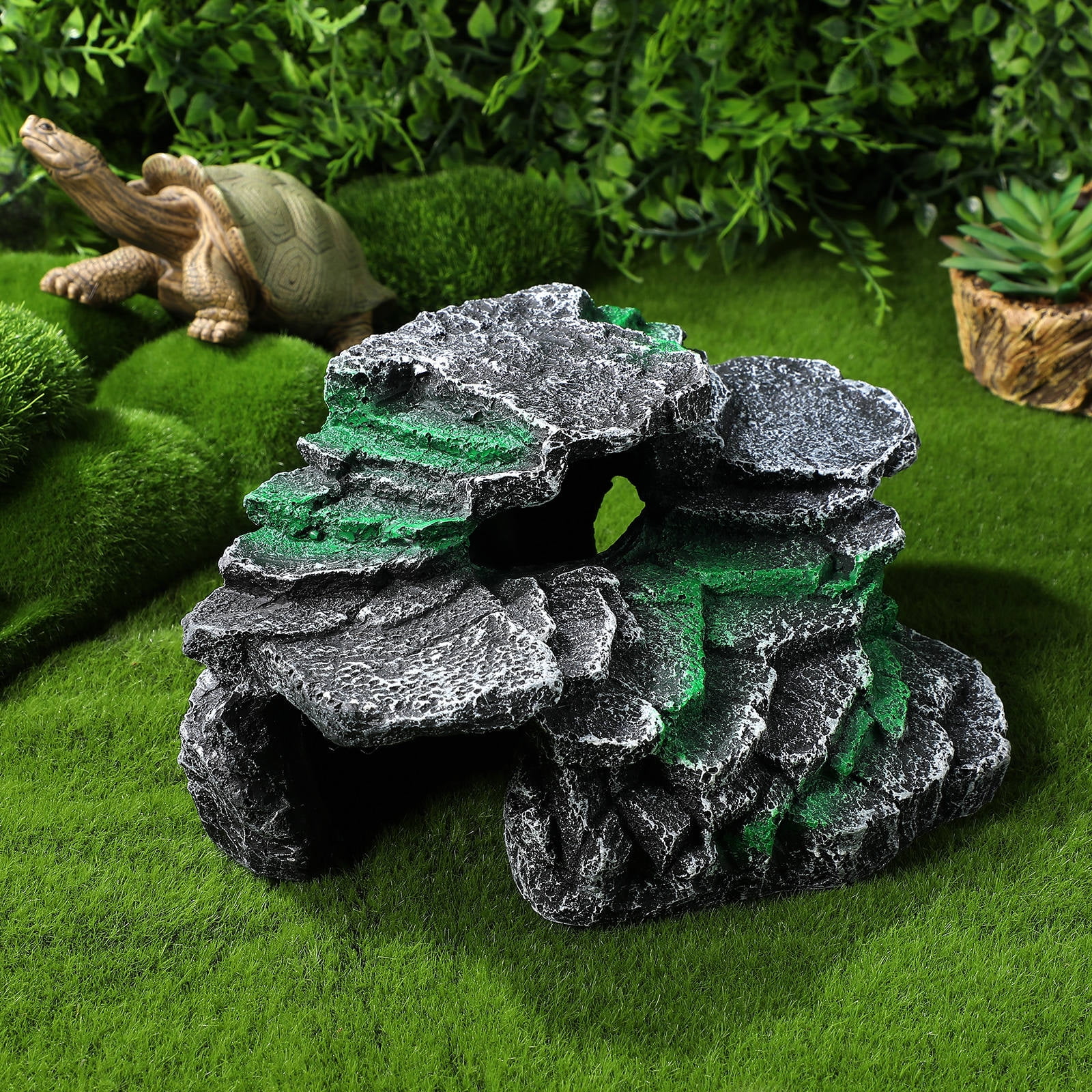 OFFIGAM Aquatic Turtle Basking Platform Black Resin Rock for Tank Decor
