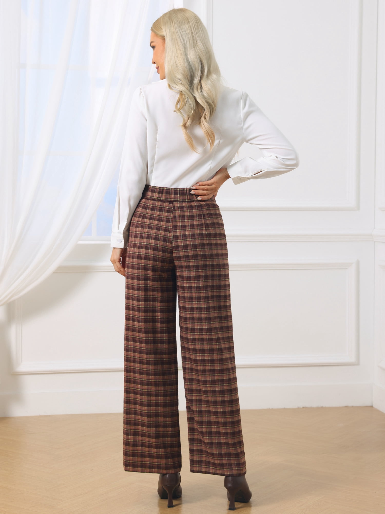 DARING DIVA Women's Plaid Vintage Wide Leg Trousers for Work Large Red