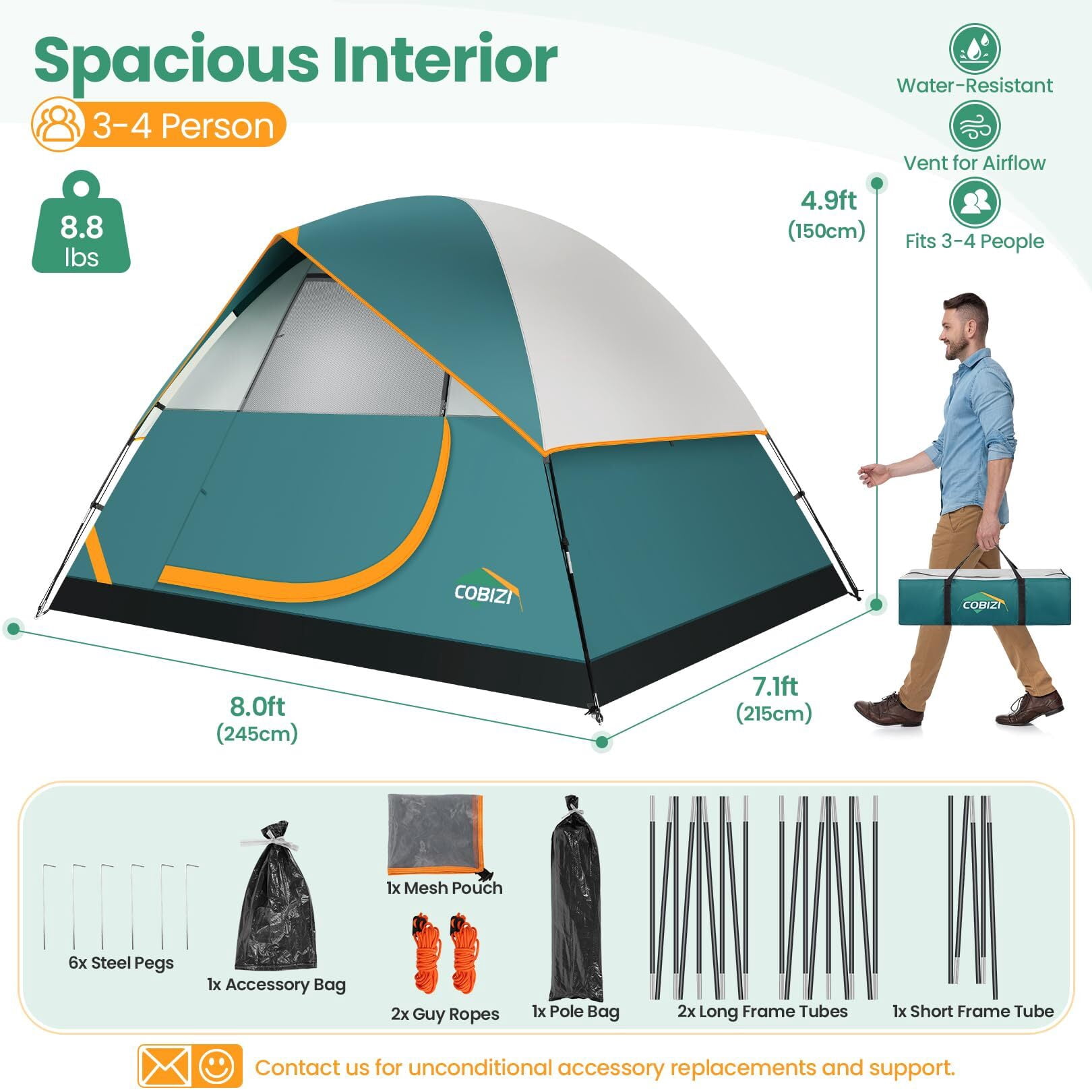 COBIZI Tents for Camping 4/6 Person Camping Tent with Rainfly and Screen, Easy Setup Lightweight Portable Waterproof Outdoor Tent with Carry Bag for Backpacking, Hiking, Family Travel