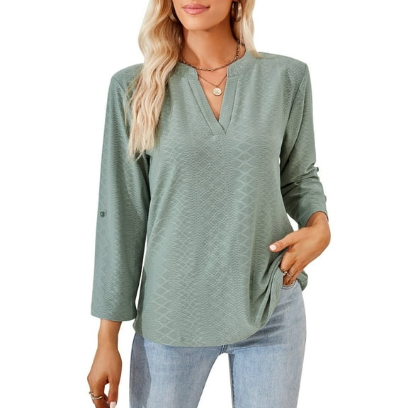 MOMOFEEL Women's Shirt Casual Long Sleeve Shirt V-neck Blouses Casual 3/4 Sleeve Tunic Tops(M9007 Dark Green)