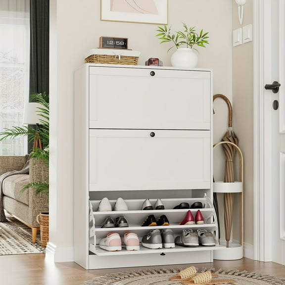 Shoe Cabinet with 3 Flip Drawers, Hidden Wood Shoe Cabinet,Freestanding Shoe Storage Cabinet for Entryway Hallway.White.