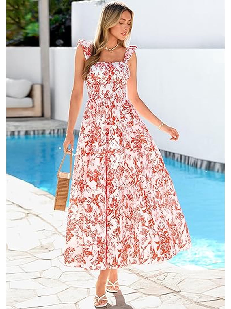 Prettygarden Floral Dress for Women Summer Boho Maxi Sundresses Smocked Long Flowy Spring Beach Wedding Guest Dresses, Women's, Size: Medium, Red