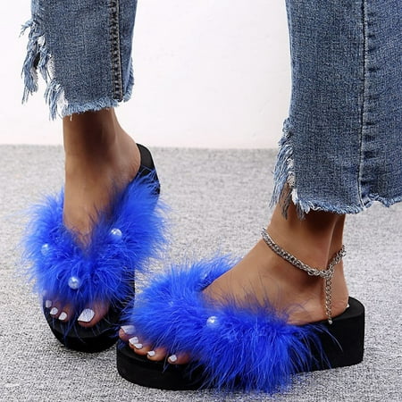 

〖Yilirongyumm〗 Blue 37 Slippers For Women Flip-Flops Flip-Flops Fashion Slippers Wedge Casual Pearls Women s Furry Women s Slipper